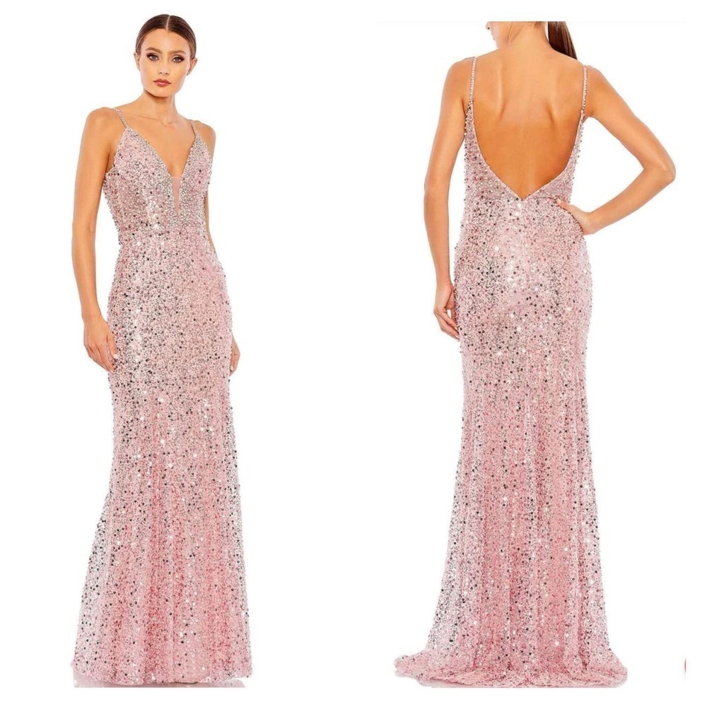 Mac Duggal Embellished Plunging V-neckline OpenBack Dress Rose Pink Size 10 NWT